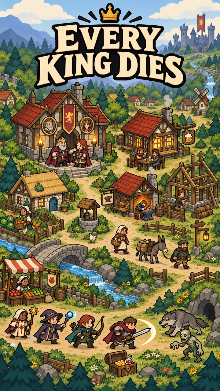 Every King Dies title screen: the game logo over a bright illustrated town with a king and queen at the hall, a tavern, a market, and heroes facing a wolf and a ghoul.