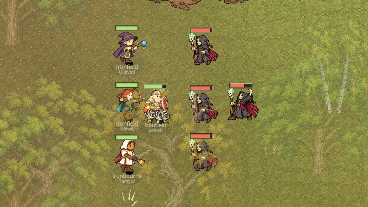 Skeletal arms burst from cracked earth and clamp around a warrior's legs while the party fights three necromancers.
