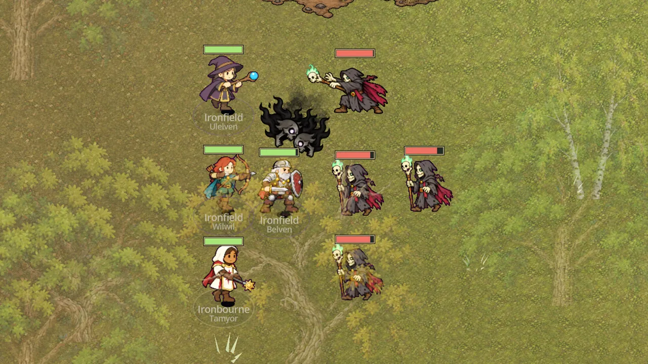 A necromancer lunges with his staff, loosing screaming skulls in black smoke at a warrior.