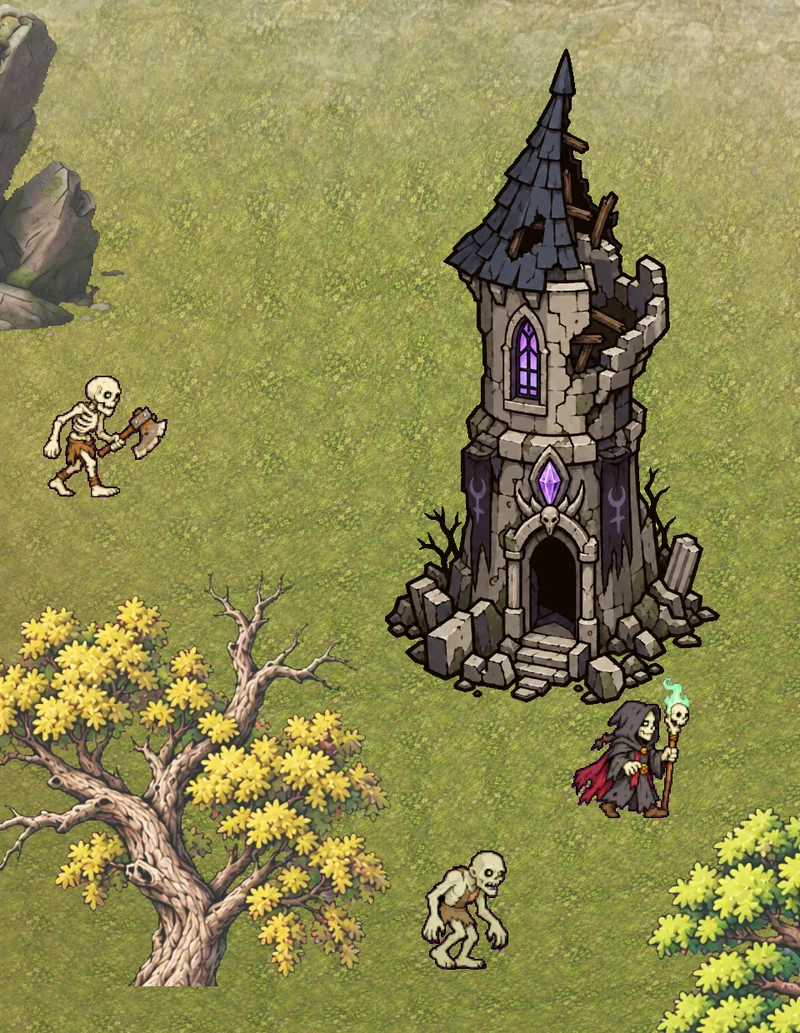 A ruined necromancer's tower with a glowing purple crystal, the necromancer, a skeleton with an axe and a ghoul.