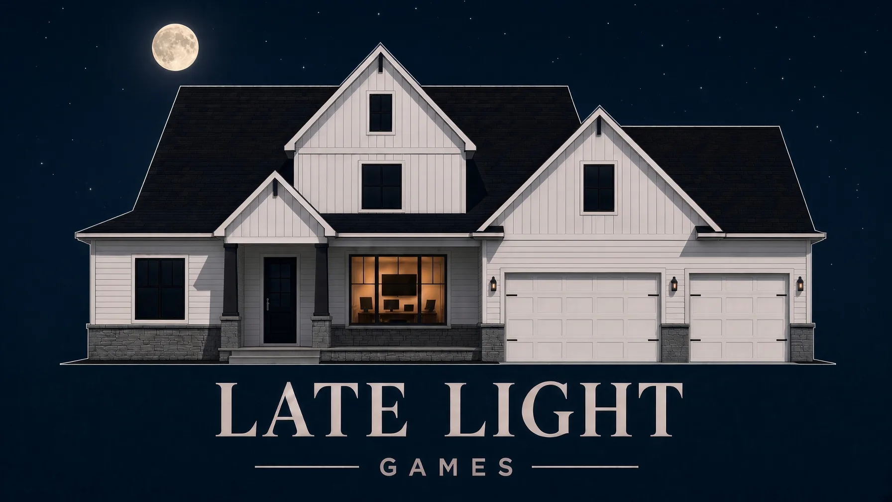 A white farmhouse at night under a full moon. One front window glows warm with computer screens inside. Below it: Late Light Games.