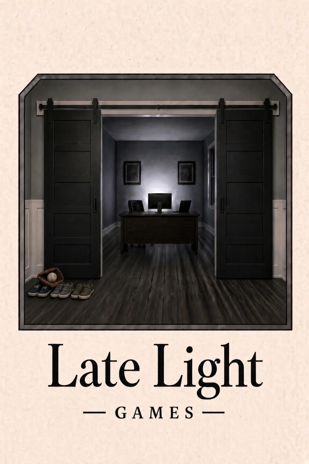 Barn doors slide open on a small dark office lit only by a monitor. Kids' sneakers and a baseball glove sit by the door. Below: Late Light Games.