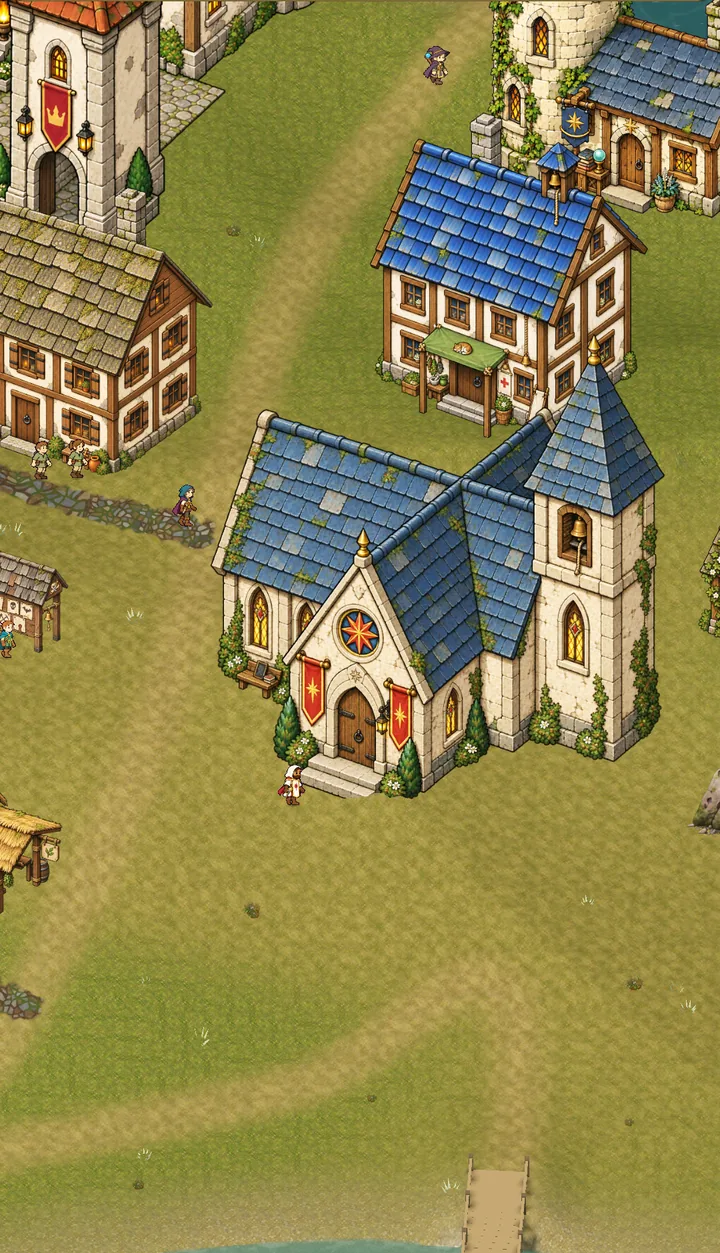 The blue-roofed chapel school with a rose window and bell tower, a cleric at its door.