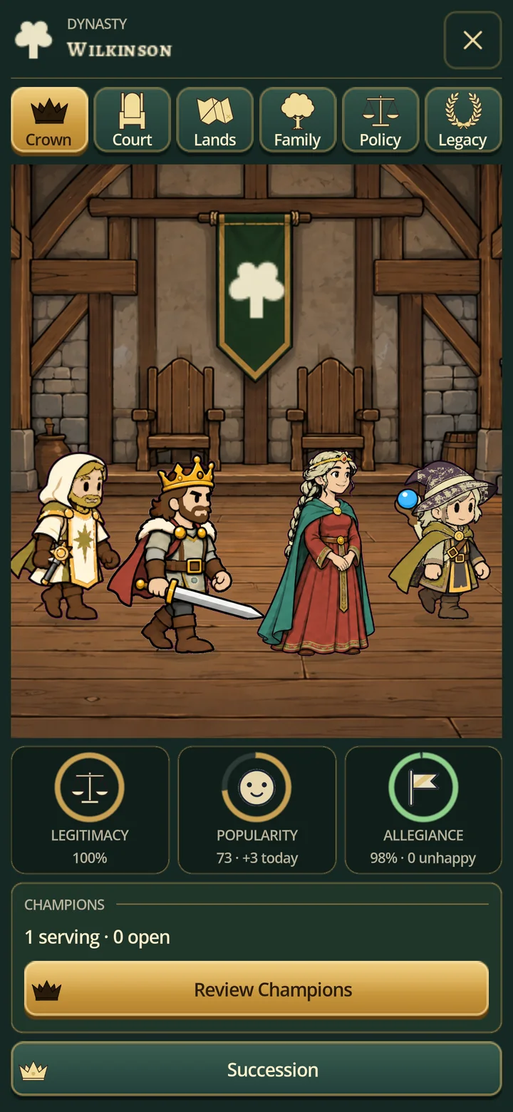 The in-game Dynasty screen, Crown tab, for House Wilkinson: the king and queen stand in their hall beneath the family crest with a cleric and a mage, above meters for Legitimacy, Popularity and Allegiance, the champions count and a Succession button.
