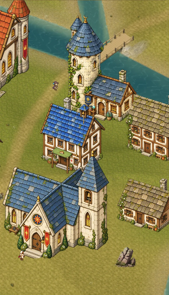 An ivy-covered mage tower beside a river bridge, with the infirmary and cottages nearby.