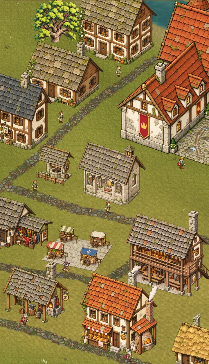 A Town settlement: cobbled streets linking a chapel, well, market square, smithy, tavern and bakery.