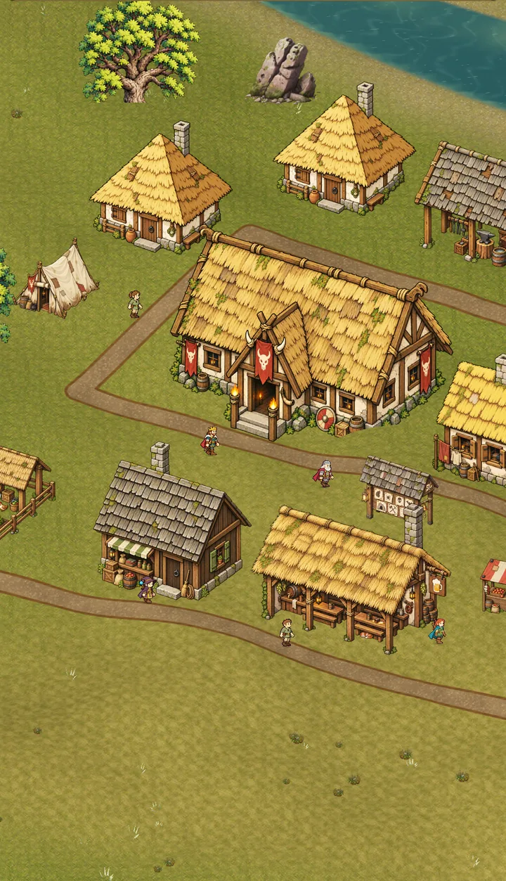 A Tribe settlement: a thatched leader's hall, cottages, a smithy and a tavern along dirt trails.