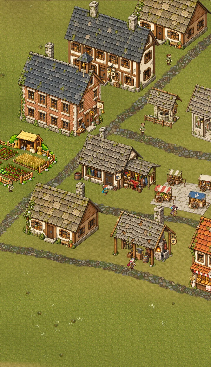 Two-storey houses, the school, farm plots, the market square and a smithy along cobbled streets.