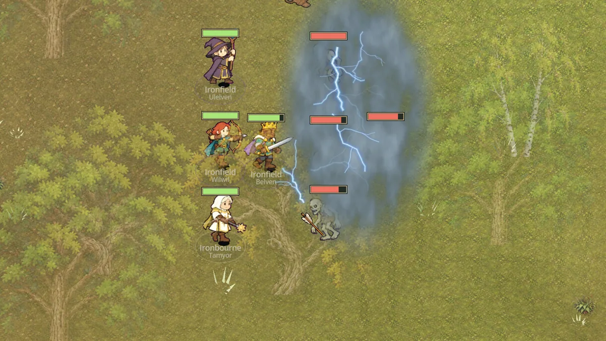 A mage, ranger, crowned warrior and cleric fight ghouls while a lightning storm spell strikes.